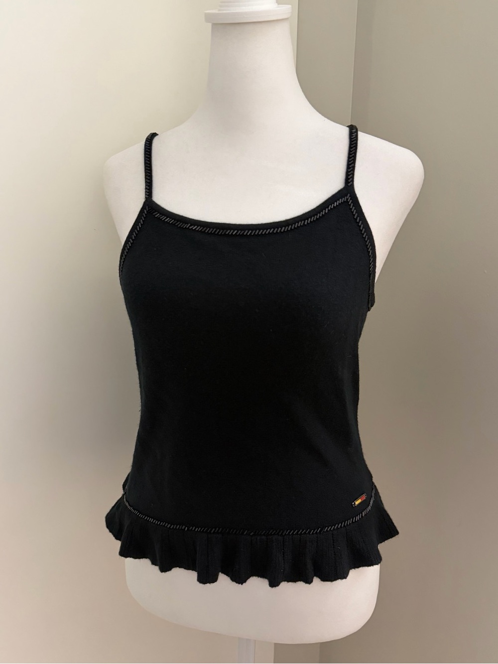 Vintage 1999 Tommy Hilfiger Black Ruffle Hem Spaghetti Strap Knit Tank Top